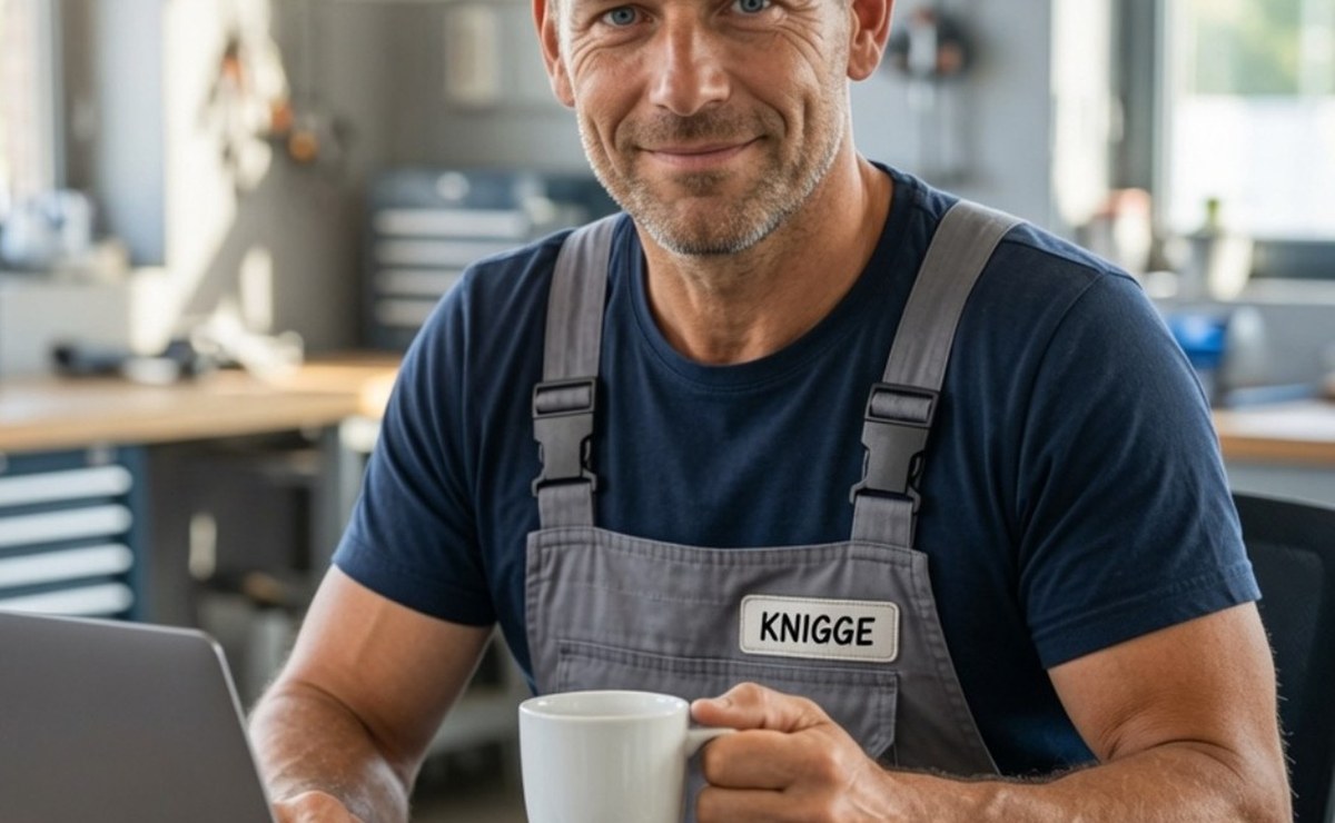 Knigge, die Redaktionsfigur von Autoknigge, an seinem Schreibtisch in der Werkstatt