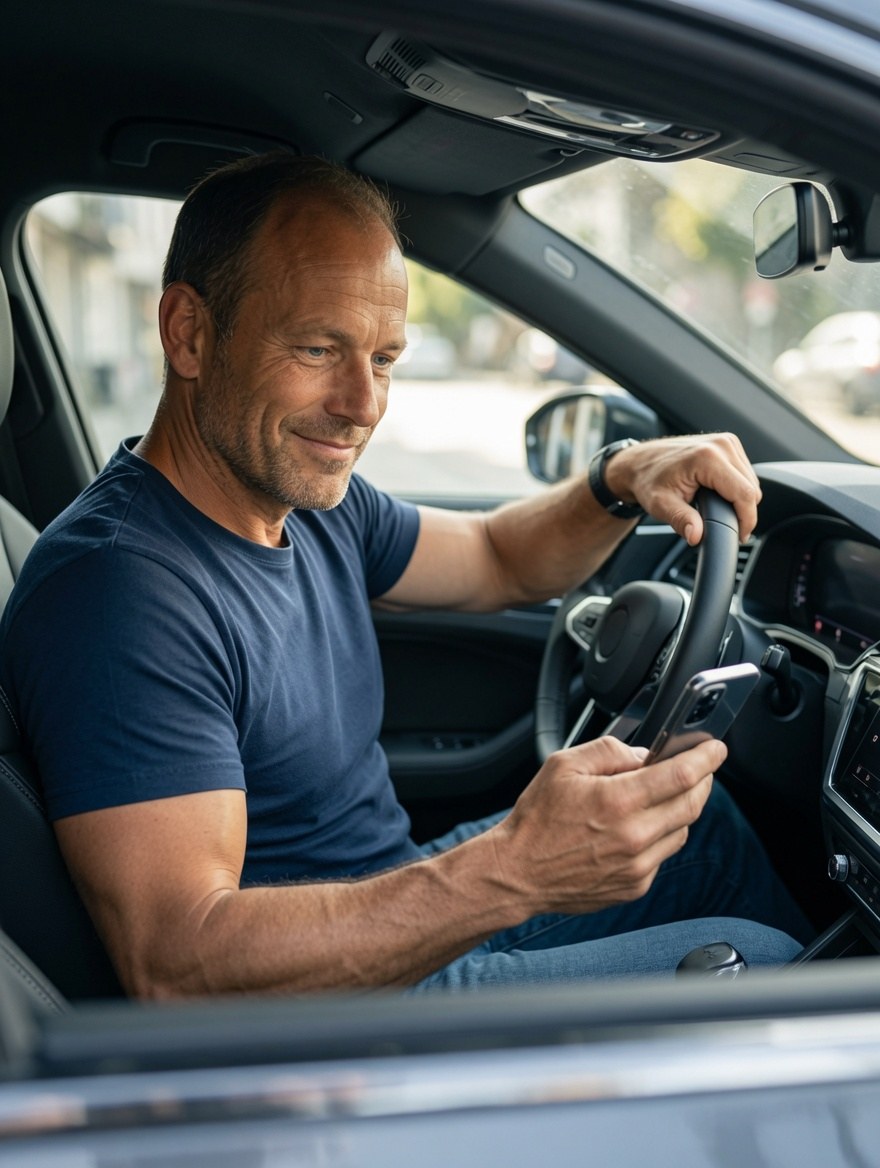 Knigge im Auto mit dem Handy